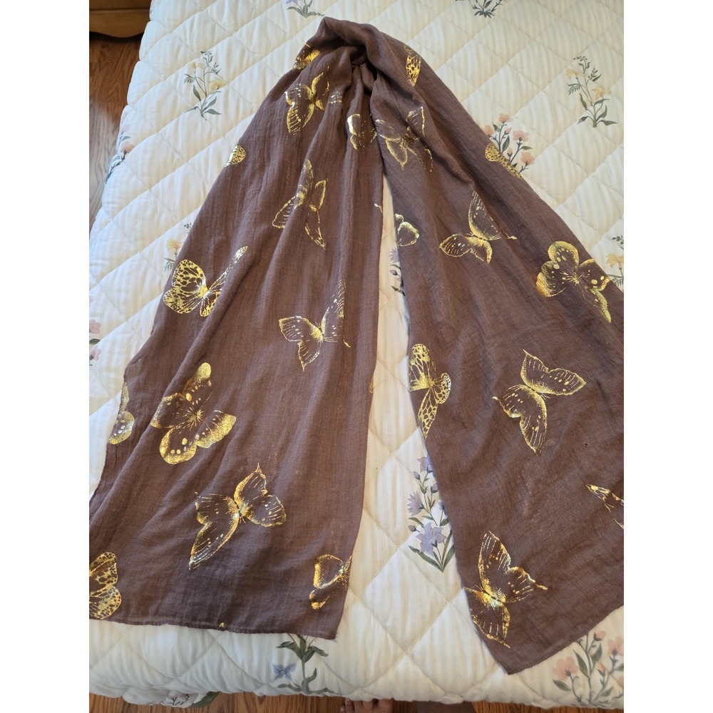 Lot of 2 Womens Lightweight Scarves Brown/Gold Butterfly & Floral W/ Fringe. - Picture 2 of 3